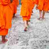 Close up of a group of young Buddhist novice monks walking_29618386